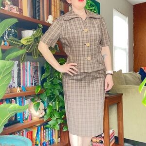 Vintage B. Altman Plaid Brown Skirt Suit Set